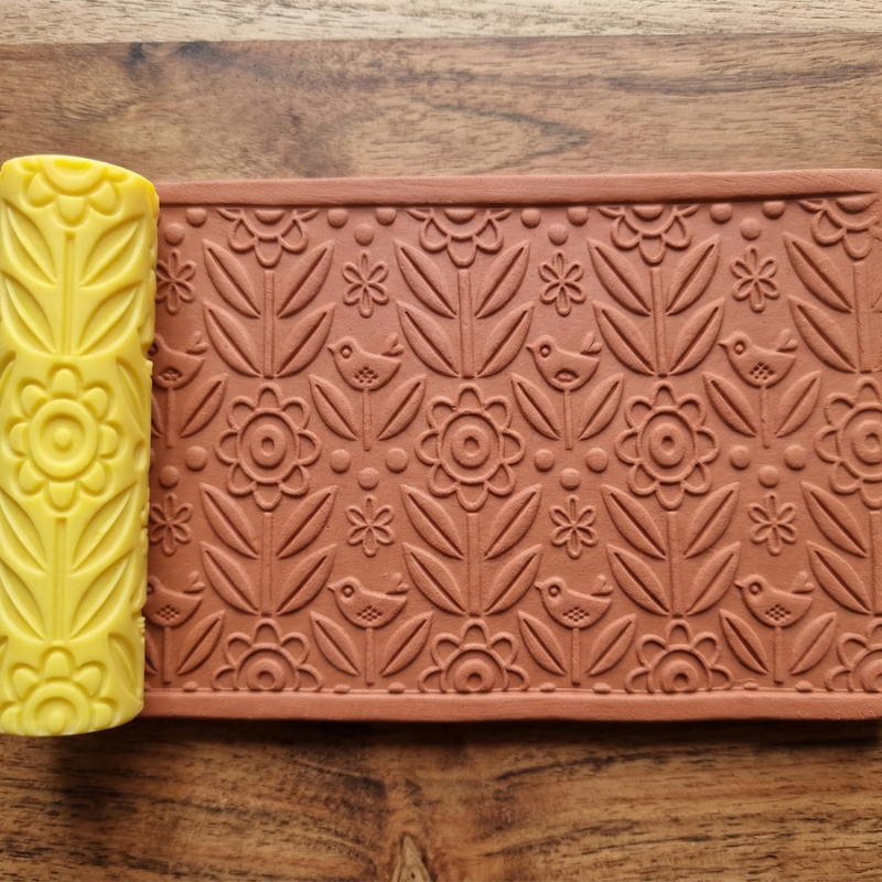 Model 051 - Çiçek Deseni Deboss & Emboss İkili Set - Polimer Kil Seramik Çamuru Doku Oklavası